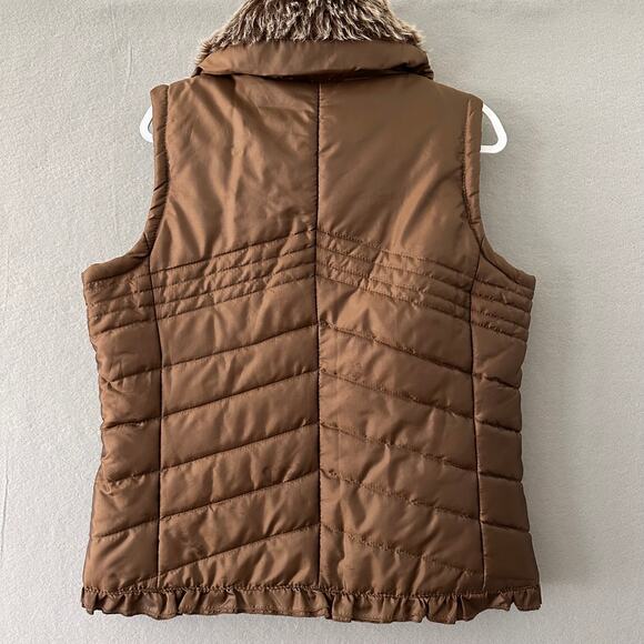 New Directions Brown Puffer Vest W/ Faux Fur Collar And Ruffle Detail Womens XL - Picture 5 of 12